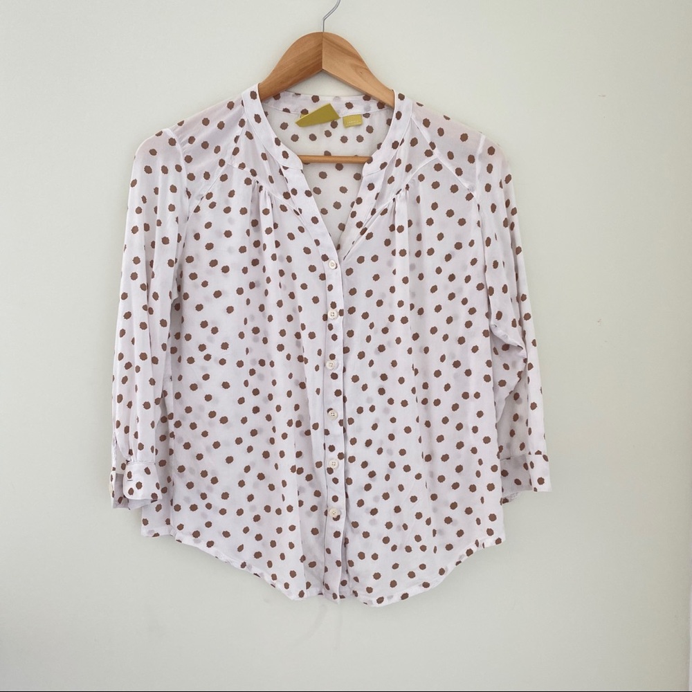SOLD ❌Maeve Tan Painted Polka Dot Button Up Shirt
